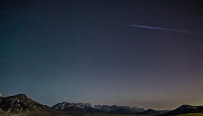 outdoors,sky,no humans,night,star (sky),night sky,scenery,starry sky,mountain,landscape,mountainous horizon,shooting star,milky way,grass