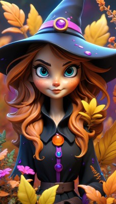 1girl,solo,long hair,looking at viewer,smile,blue eyes,brown hair,long sleeves,hat,dress,closed mouth,upper body,flower,belt,artist name,signature,orange hair,blurry,black dress,lips,eyelashes,makeup,witch hat,buttons,leaf,wavy hair,thick eyebrows,brooch,gem,buckle,blue headwear,freckles,curly hair,pouch,belt buckle,witch,brown belt,straight-on,belt pouch,bangs,red hair,watermark,web address,yellow flower,nose