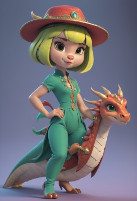 1girl,solo,looking at viewer,smile,short hair,bangs,blonde hair,simple background,shirt,hat,closed mouth,green eyes,standing,tail,full body,short sleeves,green hair,horns,shoes,pants,blunt bangs,high heels,lips,hand on hip,gradient background,blue background,child,dragon horns,green shirt,dragon,dragon tail,female child,green pants,animal ears,brown eyes,jewelry,artist name,nail polish,flat chest,gradient,bob cut,red headwear,furry,furry female,green nails,green footwear