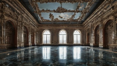 sky,day,cloud,indoors,water,blue sky,no humans,window,sunlight,cloudy sky,building,scenery,reflection,light rays,stairs,light,architecture,ruins,pillar,ceiling,church,arch,reflective floor,chandelier,column,reflective water,outdoors,tree