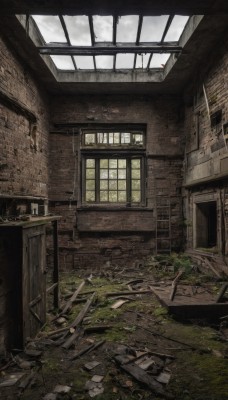 outdoors,sky,day,cloud,indoors,no humans,window,grass,plant,building,scenery,stairs,door,ruins,broken,broken glass,moss,rubble,overgrown,broken window,post-apocalypse