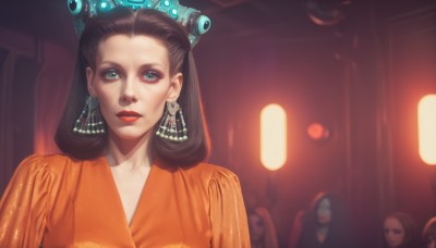 1girl,long hair,looking at viewer,blue eyes,multiple girls,brown hair,black hair,hair ornament,dress,jewelry,closed mouth,green eyes,upper body,earrings,solo focus,indoors,mole,blurry,lips,makeup,depth of field,blurry background,lipstick,gem,forehead,realistic,red lips,mole on cheek,solo,aqua eyes,crown,eyeshadow