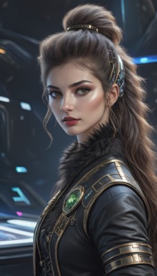 1girl,solo,long hair,looking at viewer,brown hair,hair ornament,brown eyes,jewelry,upper body,ponytail,parted lips,blurry,from side,lips,fur trim,makeup,lipstick,brooch,gem,freckles,science fiction,realistic,nose,red lips,hair pulled back,breasts,closed mouth,jacket,artist name,black jacket,eyelashes,blurry background,backlighting,fur collar,earpiece