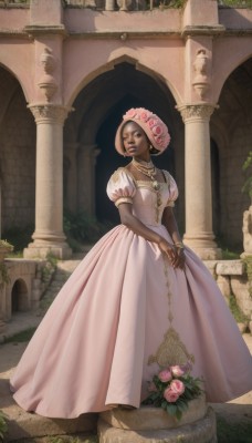 1girl,solo,looking at viewer,brown hair,hat,dress,brown eyes,jewelry,standing,full body,flower,short sleeves,earrings,puffy sleeves,dark skin,necklace,bracelet,dark-skinned female,puffy short sleeves,lips,rose,plant,pink dress,pink flower,realistic,long dress,pink rose,pillar,very dark skin,arch,gown,short hair,hair ornament,hair flower,ring,bridal gauntlets