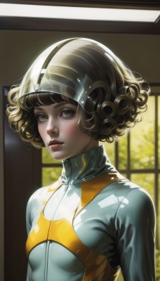 1girl,solo,breasts,looking at viewer,short hair,bangs,brown hair,brown eyes,upper body,small breasts,parted lips,indoors,signature,lips,window,bodysuit,helmet,zipper,curly hair,realistic,nose,visor cap,blush,long sleeves,green eyes,blunt bangs,from side,eyelashes,makeup,turtleneck,sunlight,bob cut,backlighting,pink lips