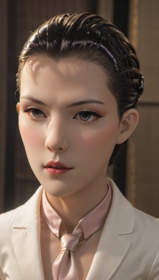 1girl,solo,looking at viewer,blush,short hair,brown hair,shirt,black hair,jacket,parted lips,necktie,teeth,collared shirt,indoors,blurry,black eyes,lips,grey eyes,makeup,blurry background,formal,white jacket,suit,lipstick,portrait,forehead,realistic,red lips,hair pulled back,white necktie,white suit,white shirt,upper body,eyelashes,looking away,nose