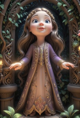 1girl,solo,long hair,looking at viewer,smile,blue eyes,brown hair,hair ornament,long sleeves,dress,jewelry,very long hair,standing,full body,flower,parted lips,shoes,indoors,necklace,lips,leaf,brown footwear,plant,child,purple dress,fantasy,female child,candle,brown dress,pillar,open mouth,teeth,nail polish,makeup,wavy hair,lipstick,red lips,candlestand,candlelight