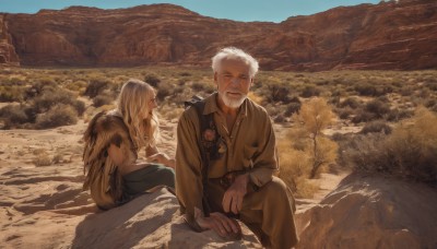 1girl,long hair,short hair,blonde hair,shirt,long sleeves,1boy,jewelry,sitting,closed mouth,white hair,outdoors,multiple boys,sky,day,belt,pants,2boys,looking at another,uniform,tree,military,military uniform,shadow,facial hair,bird,nature,scenery,beard,mountain,brown pants,old,old man,jacket,closed eyes,blue sky,scar,rock,dirty,desert,cliff