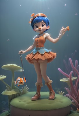 1girl,solo,looking at viewer,blush,smile,short hair,open mouth,bangs,skirt,shirt,gloves,hat,dress,holding,brown eyes,blue hair,standing,full body,white shirt,short sleeves,pleated skirt,boots,shoes,teeth,sleeveless,socks,belt,artist name,white gloves,signature,vest,sleeveless shirt,brown footwear,grass,plant,personification,fish,bubble,light rays,underwater,air bubble,very short hair,orange skirt,orange dress,orange footwear,coral,seaweed,orange vest,:d,puffy sleeves,fingerless gloves,puffy short sleeves,leaf,watermark,web address,single glove,cane