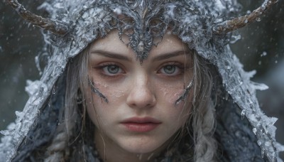 1girl,solo,long hair,looking at viewer,closed mouth,green eyes,grey hair,horns,artist name,blurry,lips,grey eyes,eyelashes,blurry background,portrait,snow,close-up,snowing,realistic,antlers,straight-on,veil,freckles,serious,water drop,nose