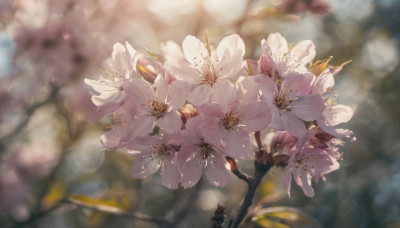 flower, outdoors, day, blurry, no humans, depth of field, blurry background, white flower, cherry blossoms, scenery, branch, still life