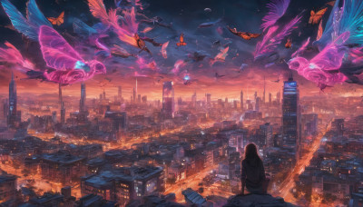 1girl, solo, long hair, sitting, outdoors, sky, cloud, from behind, dutch angle, bird, bug, building, butterfly, scenery, flying, sunset, city, fantasy, facing away, cityscape, skyscraper, city lights