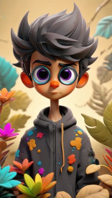 solo,looking at viewer,short hair,black hair,1boy,closed mouth,purple eyes,jacket,upper body,flower,grey hair,male focus,hood,hoodie,leaf,hood down,spiked hair,child,zipper,male child,grey hoodie,outdoors,artist name,blurry,frown,watermark,plant,messy hair,web address,wide-eyed,drawstring