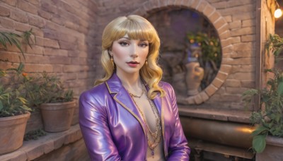 1girl,solo,long hair,breasts,looking at viewer,bangs,blonde hair,cleavage,brown eyes,jewelry,jacket,upper body,earrings,parted lips,open clothes,necklace,lips,makeup,plant,lipstick,red lips,potted plant,purple jacket,brick wall,medium breasts,outdoors,no bra,realistic