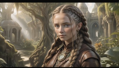 1girl,solo,long hair,looking at viewer,blue eyes,brown hair,brown eyes,jewelry,upper body,braid,flower,multicolored hair,earrings,outdoors,day,necklace,twin braids,tree,lips,grey eyes,leaf,sunlight,plant,building,nature,scenery,pendant,light rays,realistic,nose,fantasy,dappled sunlight,pillar,arch,multiple braids,closed mouth,letterboxed,portrait,architecture,sunbeam