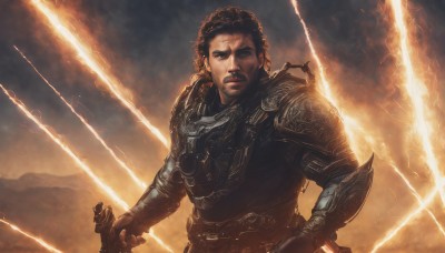 solo,looking at viewer,brown hair,1boy,holding,upper body,weapon,male focus,sword,holding weapon,armor,facial hair,scar,holding sword,shoulder armor,gauntlets,science fiction,realistic,electricity,manly,lightning,short hair,black hair,closed mouth,outdoors,sky,fire,beard,scar on face,serious,breastplate,chainmail