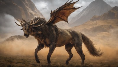 solo,tail,full body,outdoors,wings,horns,sky,teeth,cloud,no humans,animal,cloudy sky,scenery,monster,mountain,realistic,fantasy,dragon,fog,desert,dust,day,glowing,spikes