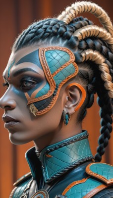 1girl,solo,long hair,blue eyes,black hair,jewelry,braid,multicolored hair,earrings,parted lips,teeth,artist name,dark skin,necklace,blurry,from side,two-tone hair,dark-skinned female,lips,profile,makeup,facial mark,portrait,realistic,nose,facepaint,dreadlocks,multiple braids,hair ornament,closed mouth,blue hair,eyelashes,looking away,lipstick,gem,eyeshadow,brown background,orange background,blue lips