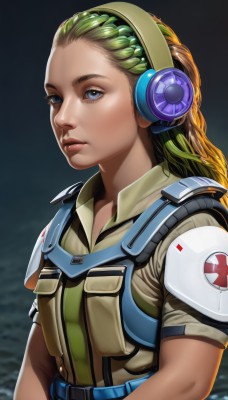 1girl,solo,long hair,looking at viewer,blue eyes,blonde hair,upper body,braid,short sleeves,multicolored hair,green hair,belt,armor,uniform,lips,military,military uniform,headphones,forehead,headset,science fiction,realistic,nose,animification,vest,two-tone hair,eyelashes,gradient hair,shoulder pads