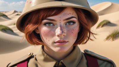 1girl,solo,looking at viewer,short hair,bangs,brown hair,shirt,hat,brown eyes,closed mouth,outdoors,sky,day,collared shirt,artist name,blurry,blue sky,lips,blurry background,watermark,wind,portrait,freckles,realistic,nose,sand,dirty,desert,dirty face,parted lips,cloud,eyelashes,blood,depth of field,leaf,bob cut,thick eyebrows,helmet,blood on face