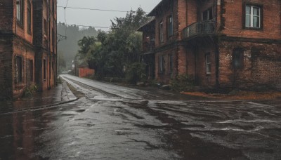 outdoors,sky,day,tree,no humans,window,plant,building,scenery,rain,sign,road,bush,house,power lines,lamppost,street,utility pole,cloud,water,reflection,door,puddle,town