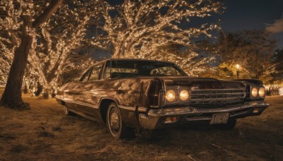 outdoors,sky,cloud,tree,no humans,night,ground vehicle,star (sky),night sky,scenery,motor vehicle,starry sky,car,road,christmas tree,vehicle focus,lamppost,sports car,pine tree,nature,forest,realistic