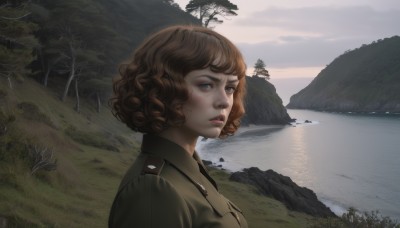 1girl,solo,looking at viewer,short hair,brown hair,brown eyes,jacket,upper body,outdoors,parted lips,sky,cloud,water,uniform,tree,lips,military,military uniform,grass,nature,scenery,forest,curly hair,realistic,nose,river,landscape,lake,blue eyes,day,cloudy sky,reflection,mountain