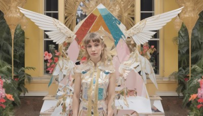 1girl,solo,long hair,looking at viewer,smile,bangs,blonde hair,brown hair,dress,bare shoulders,brown eyes,closed mouth,upper body,flower,wings,sleeveless,indoors,white dress,lips,window,leaf,plant,feathered wings,pink flower,angel wings,white wings,angel,parted lips,blunt bangs,sleeveless dress,realistic