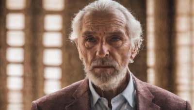 solo,looking at viewer,blue eyes,shirt,1boy,closed mouth,jacket,white shirt,upper body,white hair,male focus,collared shirt,indoors,blurry,window,blurry background,facial hair,formal,suit,portrait,beard,brown jacket,realistic,mustache,manly,old,old man,wrinkled skin,grey eyes,depth of field,scar,scar on face