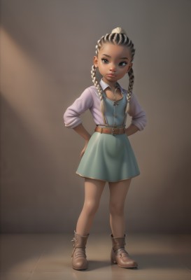 1girl,solo,long hair,looking at viewer,smile,shirt,black hair,long sleeves,dress,twintails,brown eyes,standing,full body,braid,boots,collared shirt,belt,dark skin,black eyes,twin braids,flat chest,dark-skinned female,lips,blue dress,brown footwear,arms behind back,child,forehead,hands on hips,female child,ankle boots,very dark skin,simple background,brown hair,jewelry,earrings,aged down,nose,brown belt