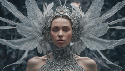 1girl,solo,looking at viewer,short hair,blue eyes,brown hair,hair ornament,bare shoulders,jewelry,upper body,parted lips,wings,blurry,lips,blurry background,feathers,portrait,realistic,headdress,straight-on,dress,collarbone,white dress,head wings