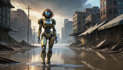 HQ,1girl,solo,short hair,blue eyes,brown hair,standing,full body,outdoors,sky,cloud,water,glowing,cloudy sky,robot,building,scenery,mecha,glowing eyes,reflection,walking,science fiction,city,arms at sides,joints,cable,ruins,power lines,damaged,robot joints,utility pole,puddle,humanoid robot,looking at viewer,wind,android,road,cityscape,street,skyscraper,power armor,cyberpunk,rubble