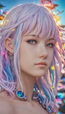 1girl,solo,long hair,looking at viewer,bangs,bare shoulders,jewelry,closed mouth,green eyes,blue hair,collarbone,upper body,pink hair,white hair,multicolored hair,earrings,outdoors,day,artist name,necklace,blurry,lips,eyelashes,depth of field,blurry background,gem,portrait,close-up,freckles,realistic,nose,parted lips,sky,grey eyes