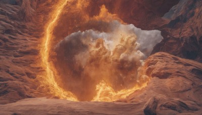 outdoors,sky,cloud,dutch angle,no humans,cloudy sky,fire,scenery,snow,rock,mountain,fantasy,sand,orange theme,cave,molten rock,smoke,desert