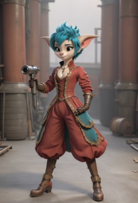 1girl,solo,breasts,looking at viewer,smile,short hair,gloves,holding,animal ears,cleavage,brown eyes,jewelry,blue hair,standing,jacket,full body,weapon,small breasts,boots,outdoors,pointy ears,belt,pants,artist name,signature,necklace,holding weapon,blurry,black eyes,high heels,hand on hip,gun,blurry background,brown footwear,holding gun,red jacket,furry,brown gloves,handgun,furry female,red pants,yordle,open mouth,open clothes,teeth,coat,watermark,cannon,body fur,leather,hammer,animal nose,snout,barrel,crate,antique firearm