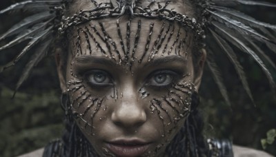 1girl,solo,looking at viewer,black hair,hair ornament,jewelry,closed mouth,braid,tongue,dark skin,tongue out,blurry,dark-skinned female,lips,grey eyes,eyelashes,blurry background,feathers,portrait,close-up,realistic,headdress,feather hair ornament,straight-on,tribal,1boy,male focus,earrings