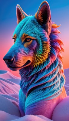 solo,brown eyes,closed mouth,upper body,outdoors,sky,day,blue sky,no humans,animal,watermark,sunset,mountain,realistic,animal focus,gradient sky,sunrise,signature,pokemon (creature),portrait,web address