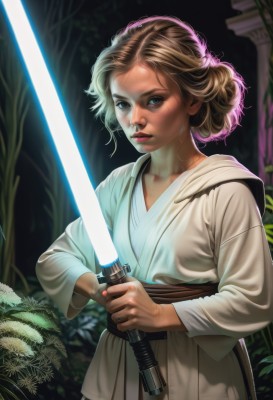 1girl,solo,looking at viewer,short hair,blue eyes,blonde hair,brown hair,holding,weapon,sword,holding weapon,tree,lips,holding sword,plant,nature,robe,realistic,nose,glowing weapon,energy sword,tunic,white robe,glowing sword,lightsaber,hair bun,science fiction,serious,animification