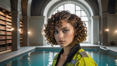 1girl,solo,looking at viewer,short hair,brown hair,brown eyes,collarbone,upper body,indoors,dark skin,water,dark-skinned female,lips,looking to the side,window,portrait,reflection,curly hair,realistic,nose,pool,jumpsuit,very dark skin,jacket,parted lips,freckles