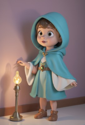 1girl,solo,smile,short hair,brown hair,long sleeves,1boy,dress,brown eyes,standing,full body,male focus,parted lips,shoes,belt,artist name,hood,wide sleeves,lips,capelet,shadow,brown footwear,child,cloak,hood up,female child,male child,blue dress