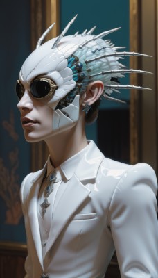 1girl,solo,shirt,1boy,jewelry,jacket,white shirt,upper body,white hair,male focus,earrings,parted lips,collared shirt,indoors,blurry,lips,dress shirt,blurry background,formal,white jacket,suit,androgynous,science fiction,realistic,cyborg,white suit,short hair,blue eyes,mole,headgear,sunglasses,gem,nose,android