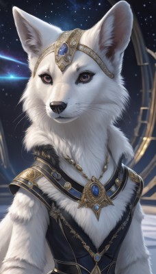 1girl,solo,looking at viewer,brown eyes,jewelry,upper body,sky,artist name,signature,necklace,armor,no humans,night,animal,gem,star (sky),night sky,furry,pendant,starry sky,gold trim,furry female,clock,animal focus,white fur,whiskers,blue gemstone,shooting star,constellation,fluffy,dress,cat