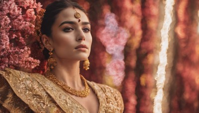 1girl,solo,black hair,hair ornament,dress,brown eyes,jewelry,closed mouth,upper body,braid,flower,earrings,necklace,mole,lips,portrait,realistic,nose,short hair,blurry,makeup,looking away,gem,gold trim,gold