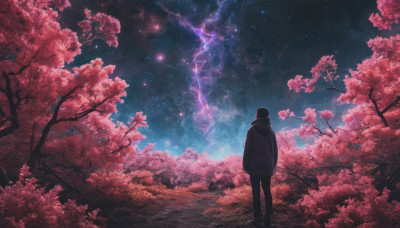 solo, black hair, 1boy, standing, male focus, outdoors, sky, pants, hood, from behind, tree, hoodie, night, black pants, hood down, cherry blossoms, star (sky), night sky, scenery, starry sky, milky way