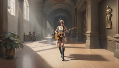 1girl,solo,long hair,breasts,skirt,blonde hair,dress,holding,cleavage,bare shoulders,medium breasts,standing,collarbone,full body,ponytail,boots,sleeveless,day,indoors,black footwear,window,shadow,sunlight,sunglasses,knee boots,tank top,high ponytail,plant,instrument,music,guitar,potted plant,wide shot,playing instrument,white tank top,holding instrument,electric guitar,statue,drum,cactus,looking at viewer,short hair,large breasts,brown hair,shirt,black hair,jewelry,jacket,white shirt,shorts,dark skin,dark-skinned female,short shorts,ground vehicle,scenery,backlighting,pillar,drum set