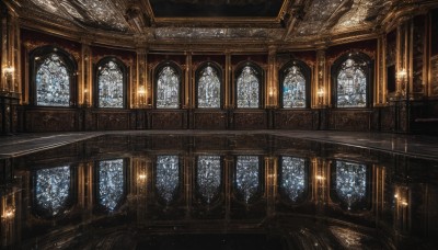 indoors,no humans,window,sunlight,scenery,light particles,light rays,wooden floor,stairs,fantasy,light,architecture,pillar,ceiling,stained glass,church,arch,chandelier,fire,candle,statue,candlestand