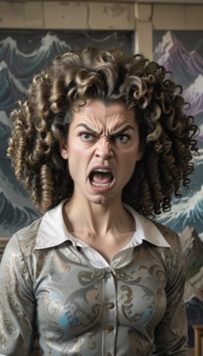 1girl,solo,long hair,breasts,looking at viewer,open mouth,blue eyes,brown hair,shirt,underwear,white shirt,upper body,teeth,collared shirt,bra,blurry,black eyes,lips,see-through,angry,curly hair,mountain,realistic,nose,watercraft,bra visible through clothes,afro,black hair,1boy,brown eyes,male focus,dress shirt,facial hair,parody,messy hair,freckles,shouting,waves,fine art parody