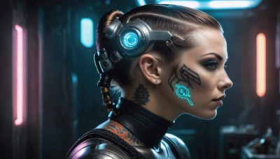 1girl,solo,short hair,blue eyes,brown hair,jewelry,earrings,dark skin,hair bun,blurry,from side,dark-skinned female,lips,bodysuit,tattoo,profile,makeup,blurry background,facial mark,single hair bun,lipstick,portrait,science fiction,nose,stud earrings,undercut,facial tattoo,cyborg,hair pulled back,cyberpunk,earpiece,black hair,hair ornament,hairclip,eyelashes,headgear,realistic