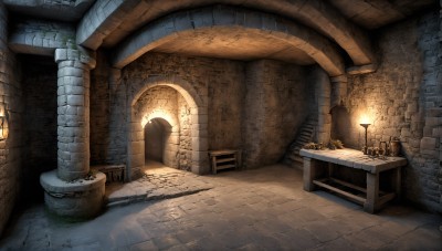 HQ,indoors,no humans,window,chair,table,sunlight,plant,scenery,lantern,stairs,door,basket,light,lamp,candle,wall,brick wall,pillar,vase,arch,barrel,candlestand,stone floor,stone wall,fireplace,flower,signature,fantasy,potted plant,column