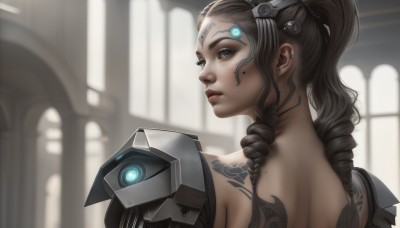 1girl,solo,long hair,looking at viewer,blue eyes,brown hair,black hair,hair ornament,upper body,ponytail,earrings,parted lips,looking back,indoors,from behind,armor,mole,blurry,lips,grey eyes,tattoo,makeup,blurry background,headgear,back,drill hair,science fiction,curly hair,nose,cyborg,back tattoo,jewelry,braid,sidelocks,dark skin,dark-skinned female,eyelashes,portrait,eyeshadow,backlighting,realistic,eyeliner,ringlets,mascara